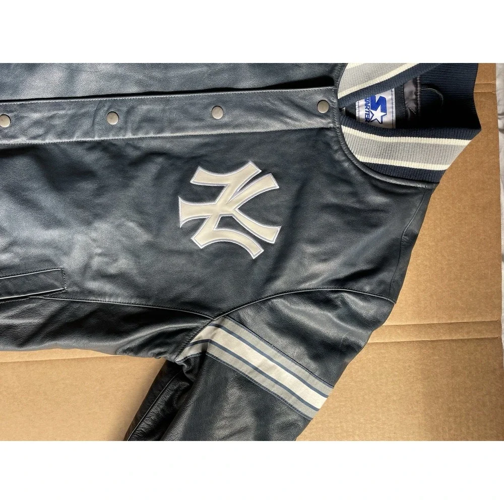 Vintage STARTER‎ New York Yankees Logo Genuine Leather Bomber Jacket Mens Large